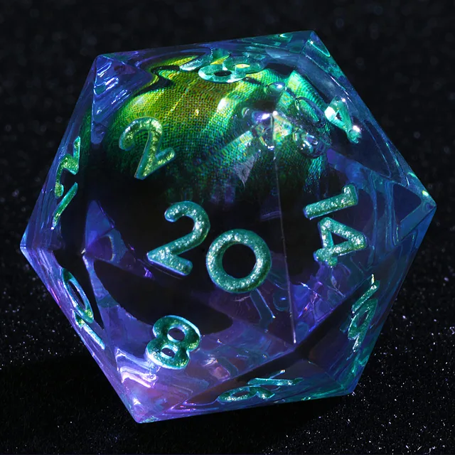 Close-up of a transparent blue-violet D20 with green numerals and a green eye-like core.