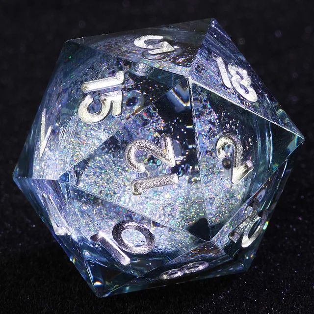 Close-up of a transparent dark-tinted D20 with a shimmering silver core and silver numbers.