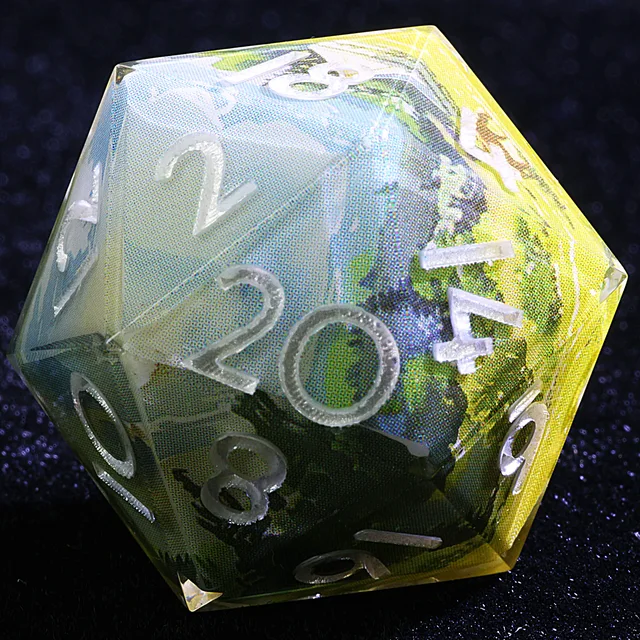 Close-up of a D20 with pale blue, green, yellow and white swirls and white numbers.