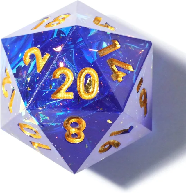 Close-up of a blue translucent D20 with pale lavender facets, iridescent flecks and gold numbers.