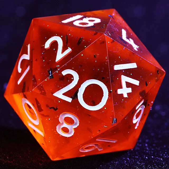 Close-up of a translucent scarlet-orange D20 with dark flecks and white numbers.