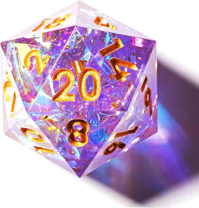 Close-up of a translucent purple D20 with iridescent flecks and gold-coloured numbers.