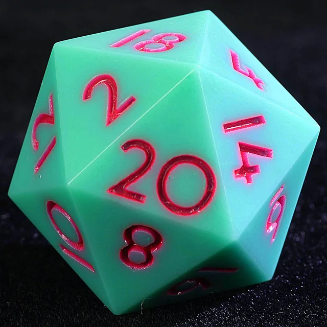 Close-up of a turquoise-green D20 with pink-red numerals.