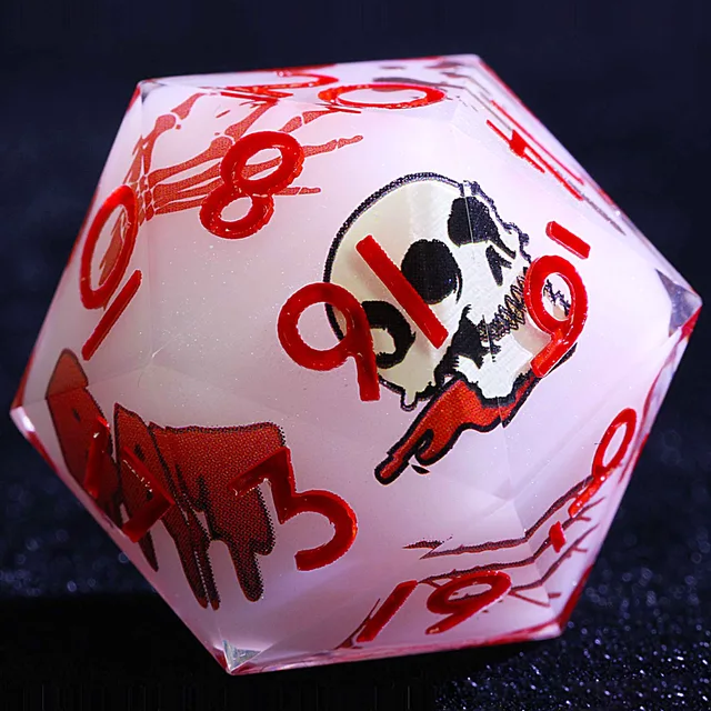 Close-up of a pale white D20 with red numbers and a skull design.