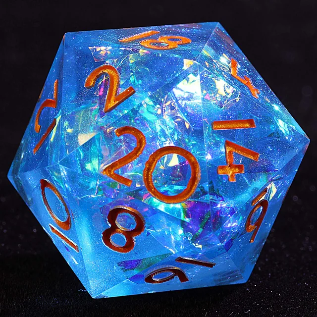 Close-up of a blue iridescent D20 with orange numerals.