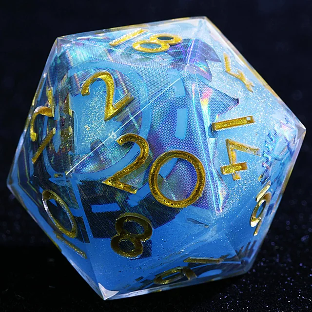 Close-up of a pale blue D20 with iridescent mechanical patterning and gold numbers.