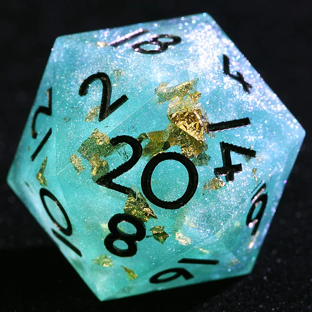 Close-up of a turquoise-green D20 with gold-coloured flecks and black numbers.