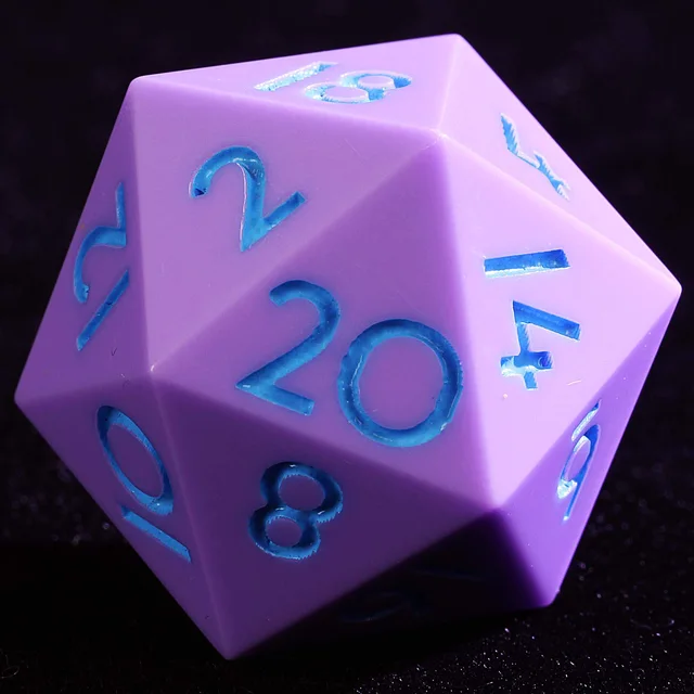 Close-up of a lilac-purple D20 with blue numerals.