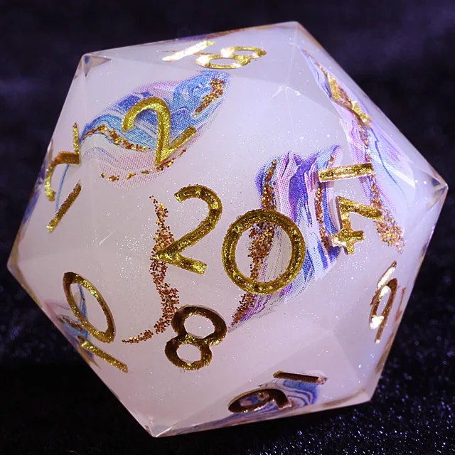 Close-up of a pale lavender D20 with blue and purple swirls, gold accents, and gold numerals.