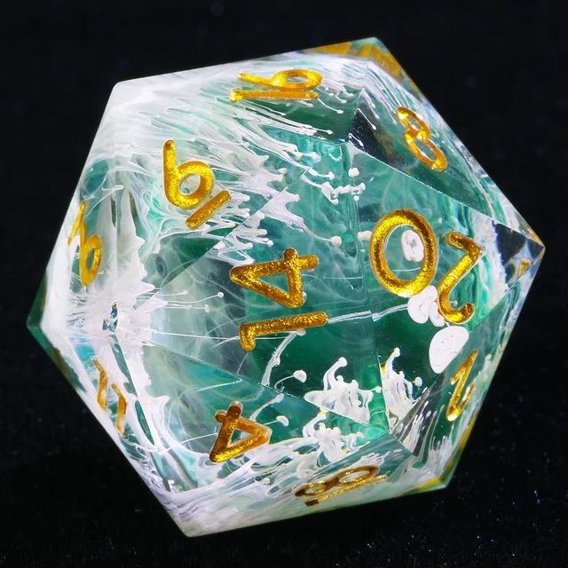 Close-up of a green translucent D20 with white swirls and gold numbers.