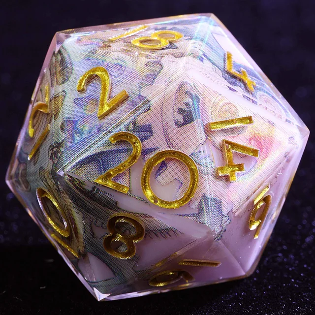 Close-up of a pale pink-purple D20 with iridescent patterns and gold numbers.