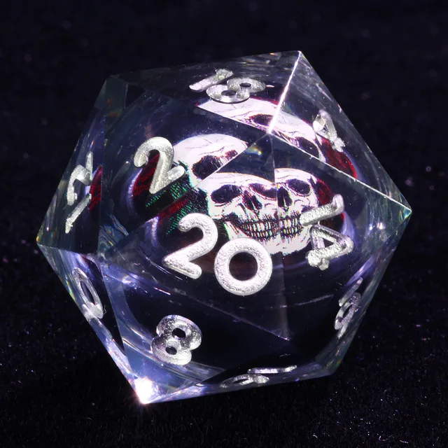Clear D20 with silver numbers and a skull inside a dark red-accented core.