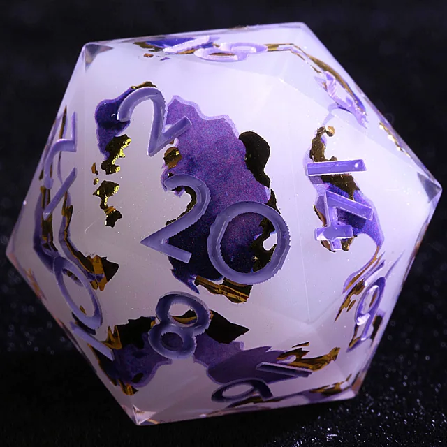 Close-up of a pale D20 with violet and gold marbling and lavender numerals.