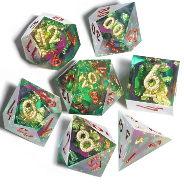 Seven translucent green polyhedral dice with gold flakes, purple swirls, and gold and red numerals on white.