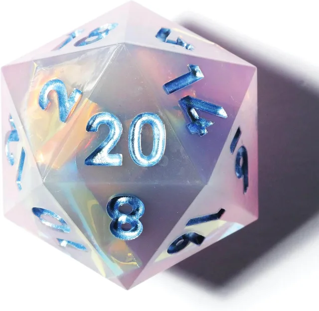 Close-up of a pale lavender-pink D20 with glittery blue numbers.
