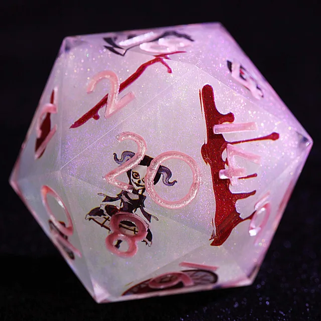 Close-up of a pale pink glitter D20 with pink numbers, a witch illustration and red markings.