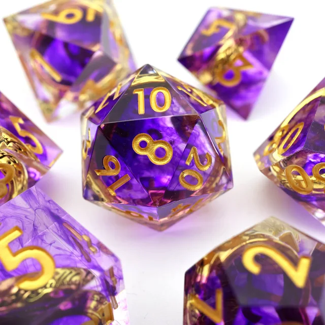Close-up of a purple D20 with gold numbers, surrounded by matching dice