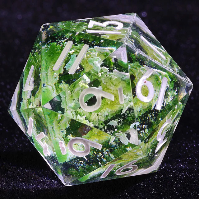 Close-up of a clear green D20 with pale flecks and white numbers.