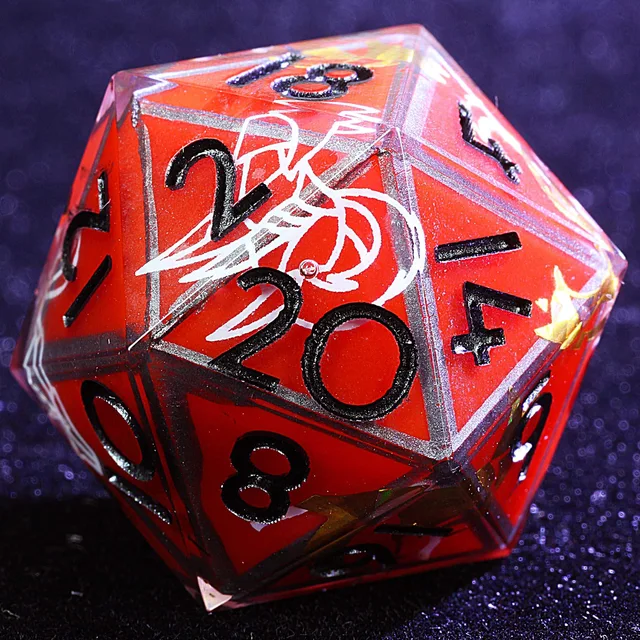 Close-up of a crimson-red D20 with black numbers, silver-grey borders and white linework.