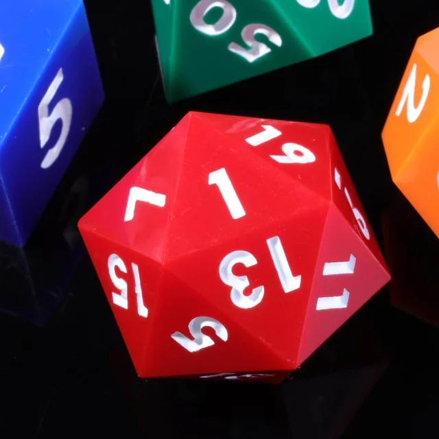 Close-up of the red D20 with white numerals.