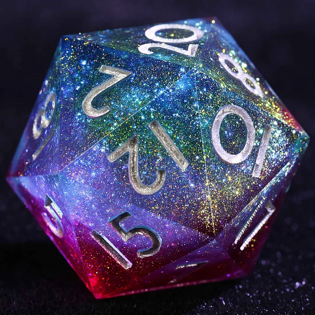 Close-up of a blue, violet and red glitter D20 with pale numerals.