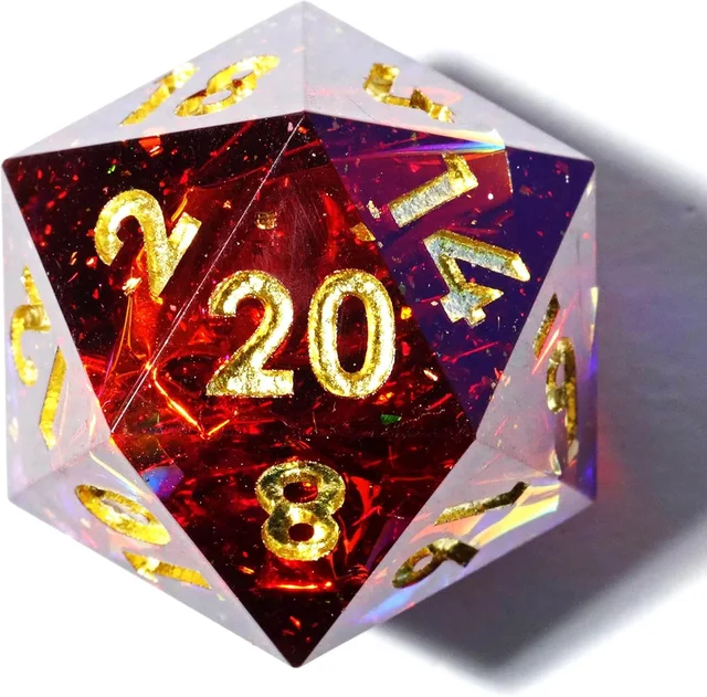 Close-up of a red and pale translucent D20 with gold numbers.