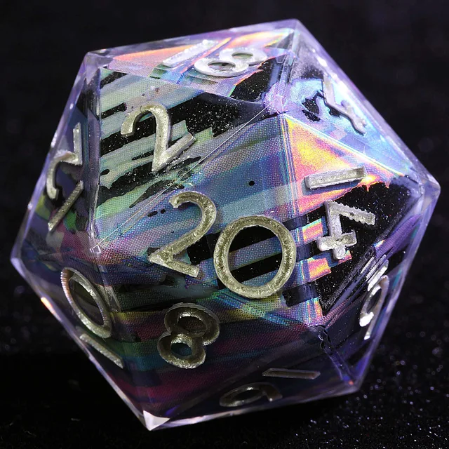 Close-up of a D20 with dark, iridescent broken-line patterns and silver numerals.