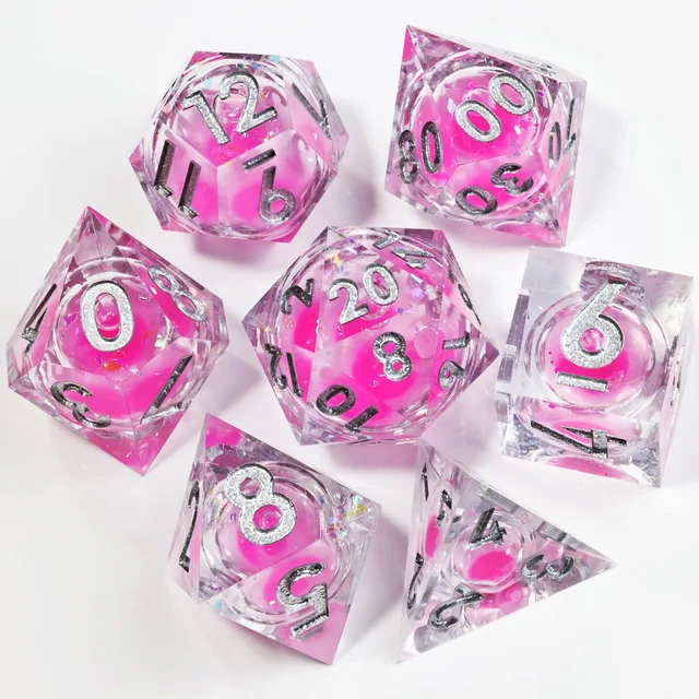 Seven transparent dice with pink centres and silver-coloured numbers on white.