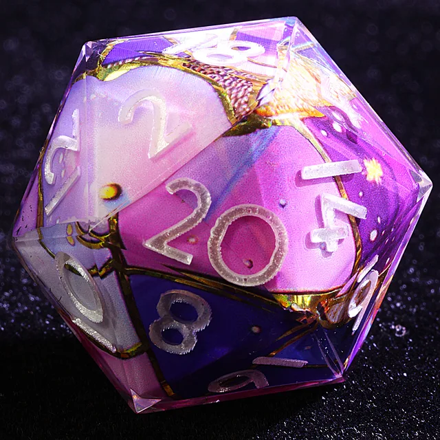 Close-up of a pink and purple D20 with blue areas, gold lines and pale numbers.
