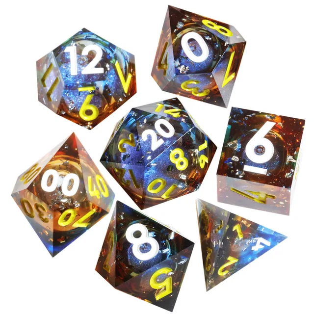 Seven sharp-edged amber and blue-purple dice with white and yellow numerals on white.