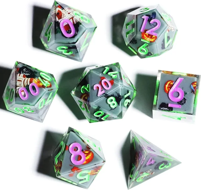Seven sharp-edged grey pumpkin-themed dice arranged on white.
