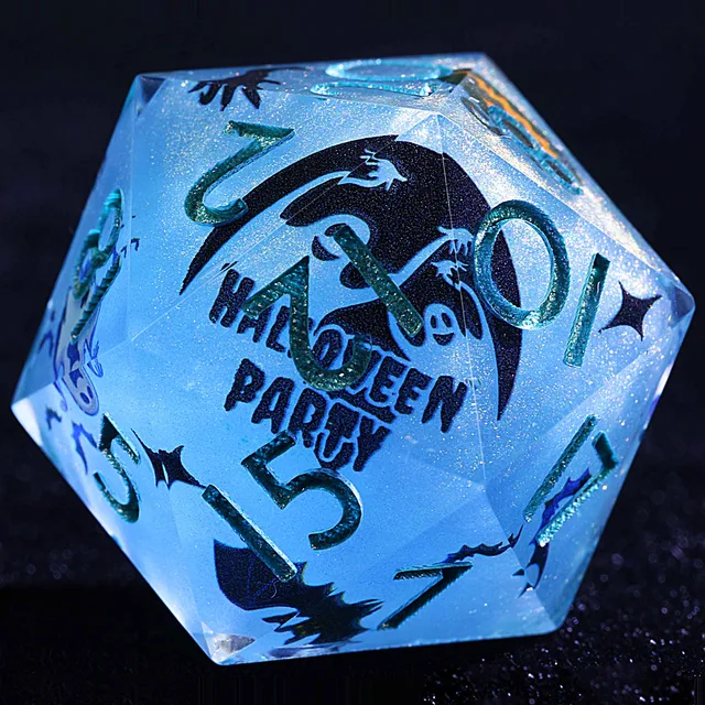 Close-up of a glittery blue D20 with teal numbers, bats and a Halloween Party graphic.