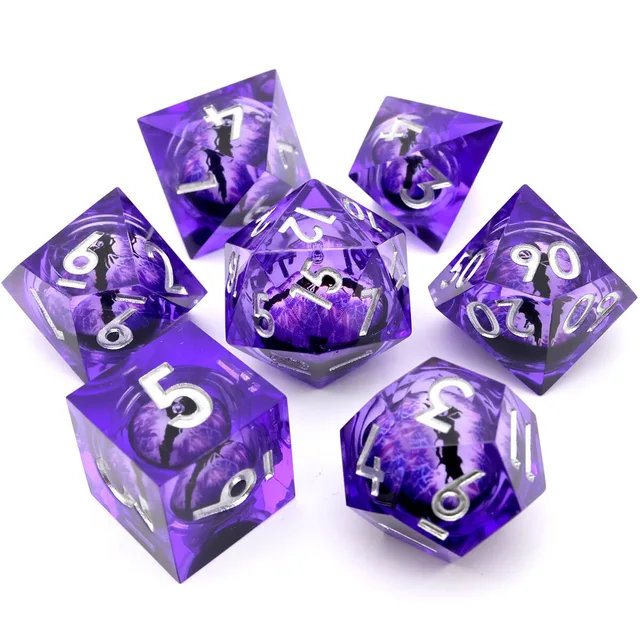 Seven translucent purple eye-core dice with silver numbers on white.