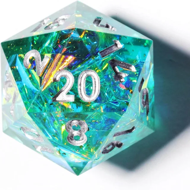 Close-up of an aqua D20 with silver numbers and iridescent flecks.