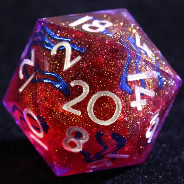 Close-up of a glittering magenta-red D20 with dark blue veins and pale numerals.