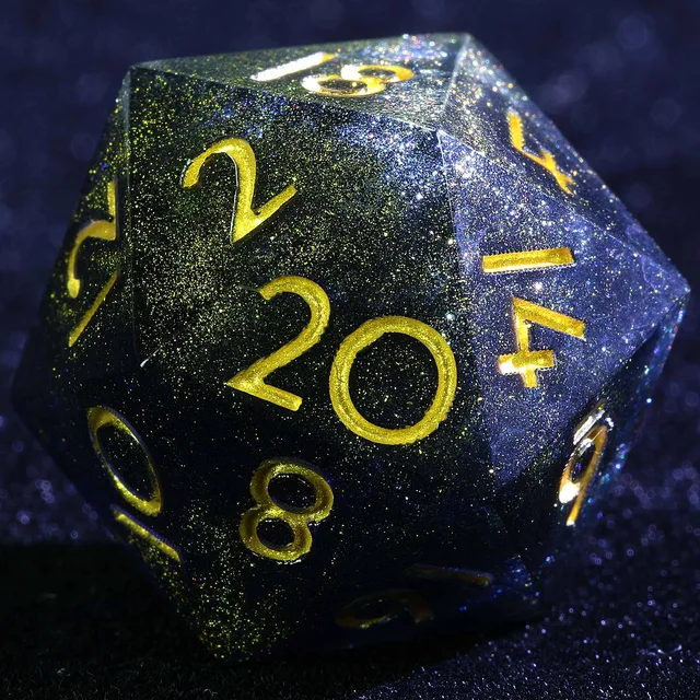 Close-up of a dark, gold-flecked D20 with gold-painted numbers.