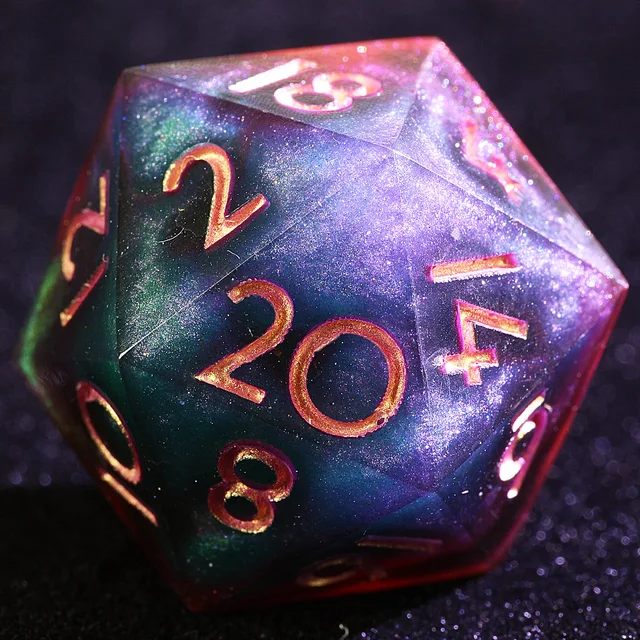 Close-up of a glittering purple, blue and teal D20 with gold-orange numerals.