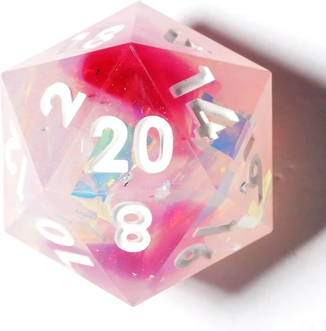 Close-up of a translucent pink D20 with white numerals and colourful iridescent inclusions.