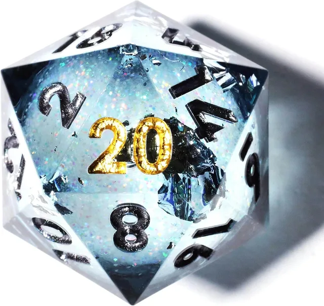 Close-up of a blue D20 with a pale shimmering centre, dark flecks and a gold 20.