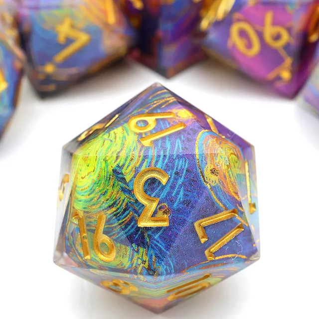 Close-up of a sharp-edged D20 with multicoloured swirls and gold numbers.