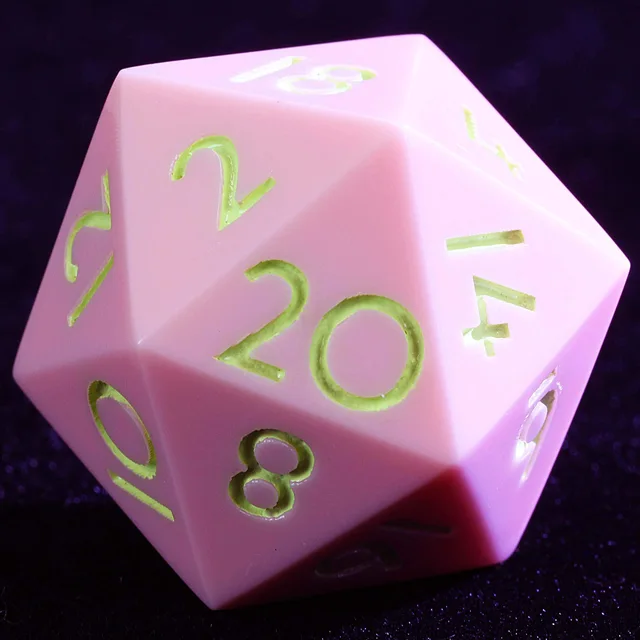 Close-up of a blush-pink D20 with lime-green numerals.