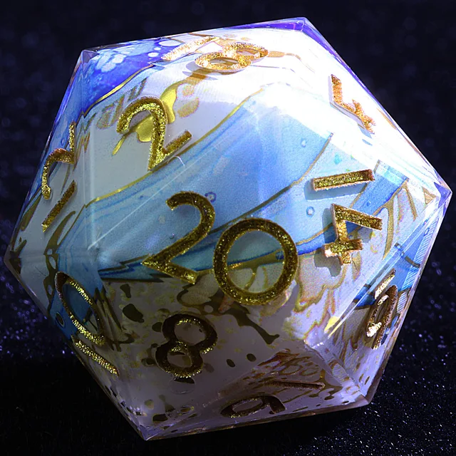 Close-up of a blue and white patterned D20 with gold numerals.