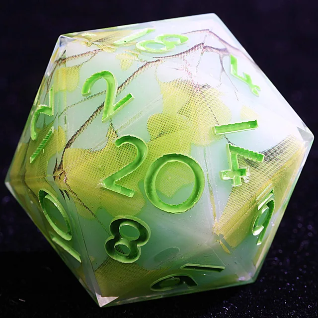Close-up of a pale green D20 with yellow-green leaves and bright green numerals.