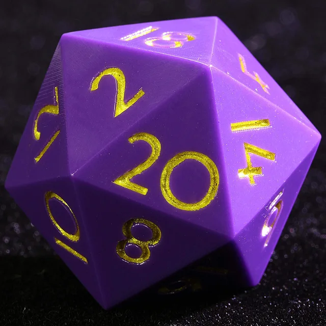 Close-up of a purple D20 with gold numerals.