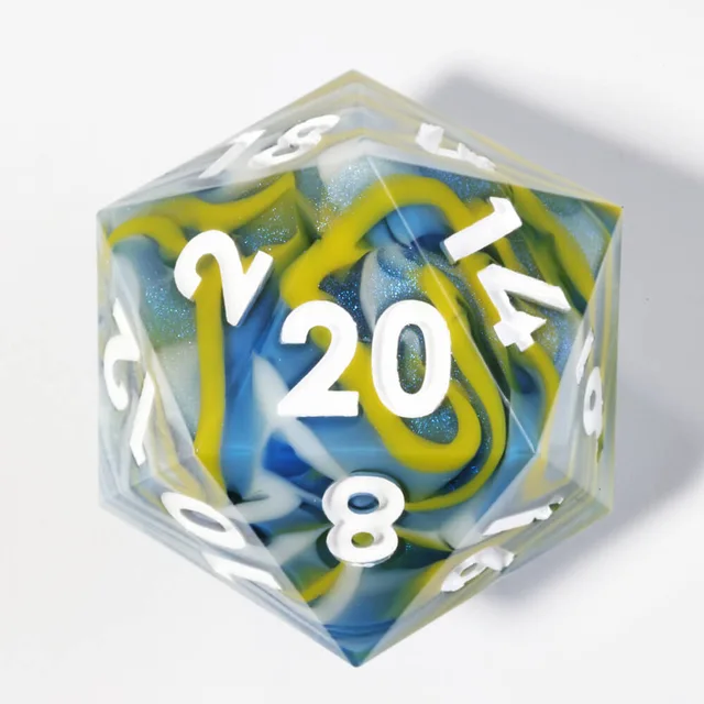 Close-up of a sharp-edged D20 with yellow and blue swirls and white numerals.