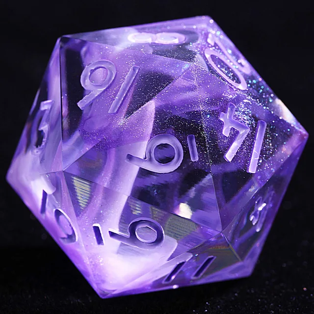 Close-up of a translucent violet D20 with white swirls and fine glitter.