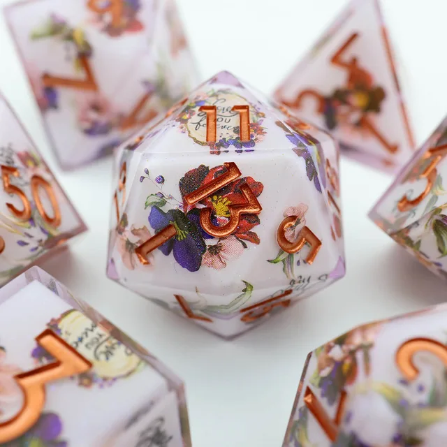Close-up of the floral D20 with copper-coloured numbers.