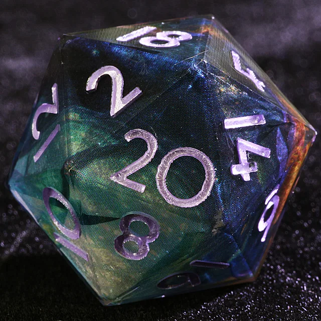 Close-up of a dark translucent D20 with green and blue swirls and pale lavender numbers.