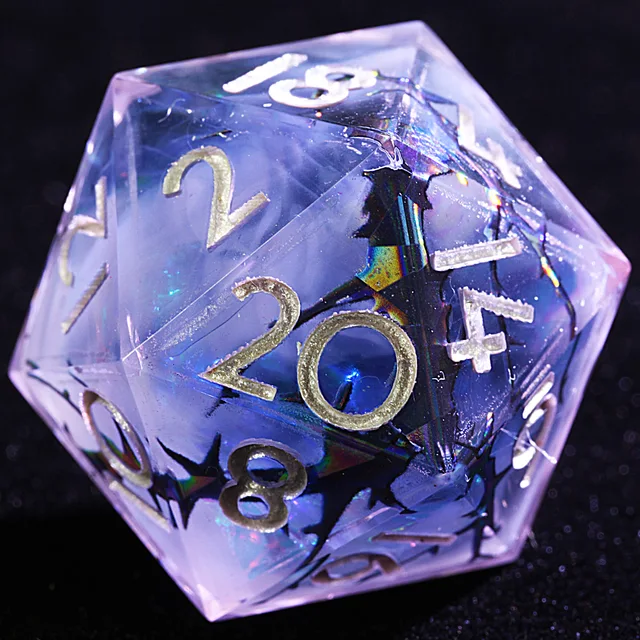 Close-up of a translucent lavender-blue percentile die with dark branching patterns.