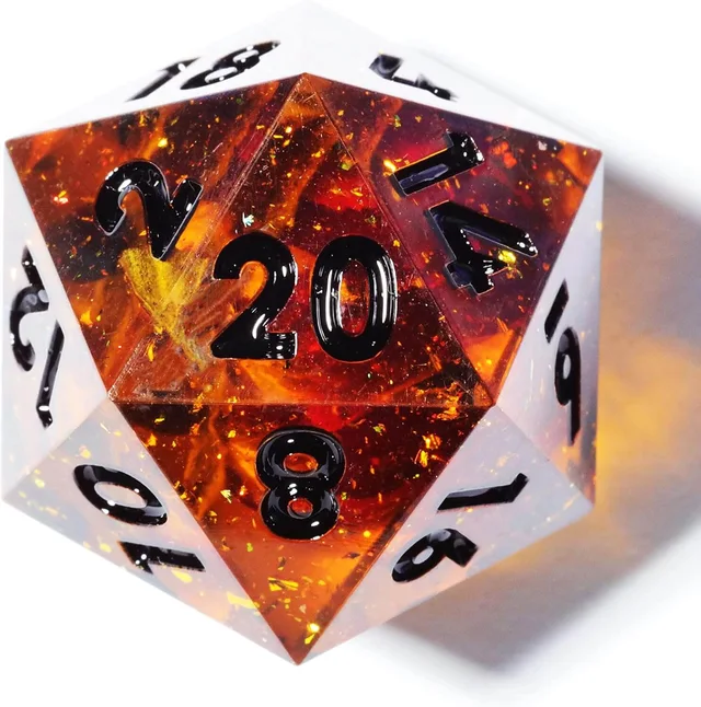 Close-up of an amber and red D20 with pale sections, reflective flecks and black numerals.